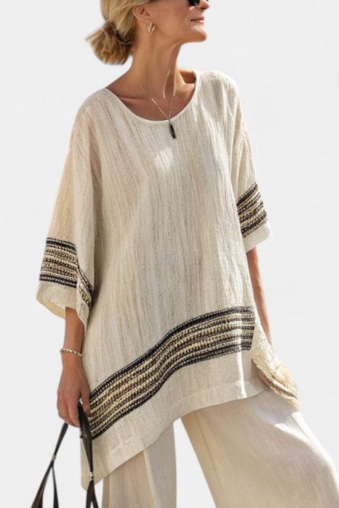 Harlowe | Top mit schwarzem Leinen und eleganten Streifen sowie fließenden Hosen