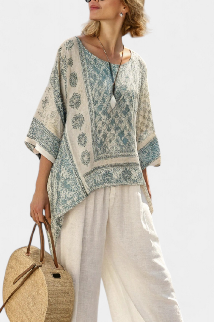 Quinley | Bequeme Bluse mit Mustern und Weißen Hosen mit Weiten Beinen